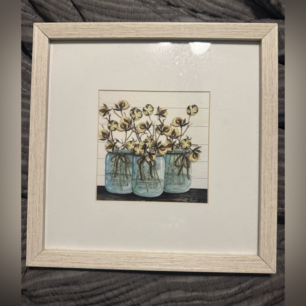 Framed Floral Art with Blue Jars